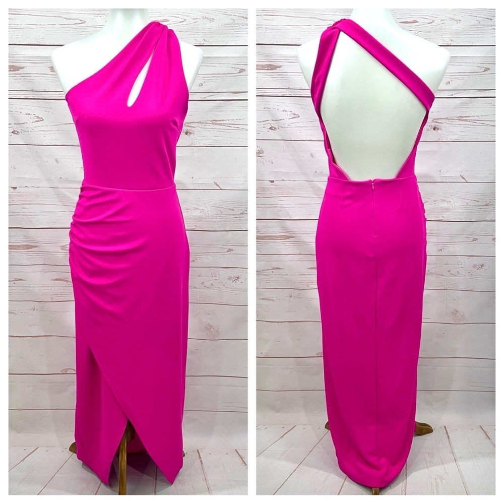 Rachel Roy Hot Pink Fuchsia Backless One Shoulder Asymmetrical Slit Midi Dress